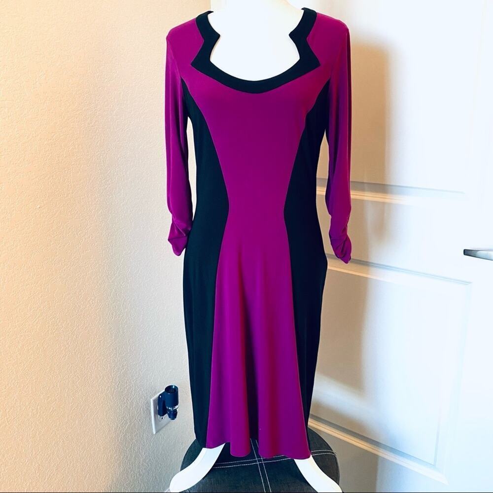 Joseph Ribkoff Color Block Ruched Sleeve Jersey Knit Dress